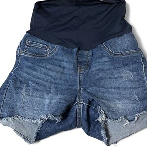 Blue Jean Maternity Shorts with Frayed Hem and Distressed Look